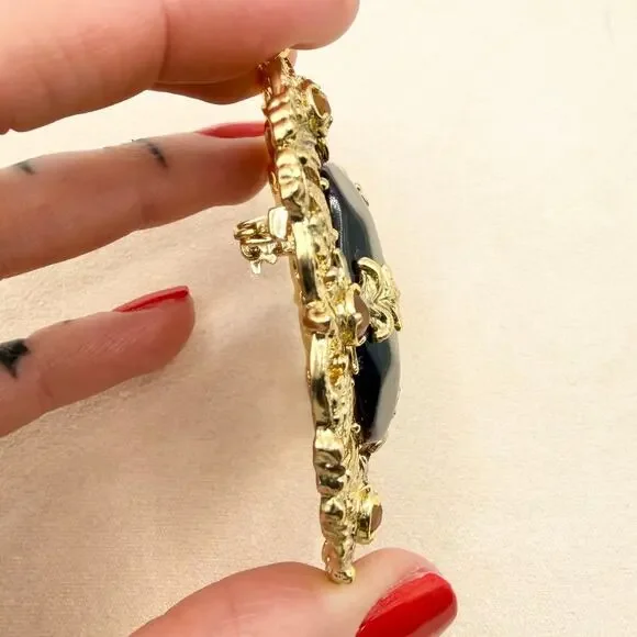 VTG Florenza Stamped Gold Large Amber Faceted Stone Etruscan Revival Brooch - Picture 4 of 14